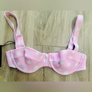 Ephemera Swimwear Polkadot Balconette Bra, Size 38 A/B Cup, Pink/White, NWT
